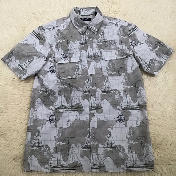 Chaps Nautical Map Sailboat Vented Fishing Shirt - Picture 9 of 9